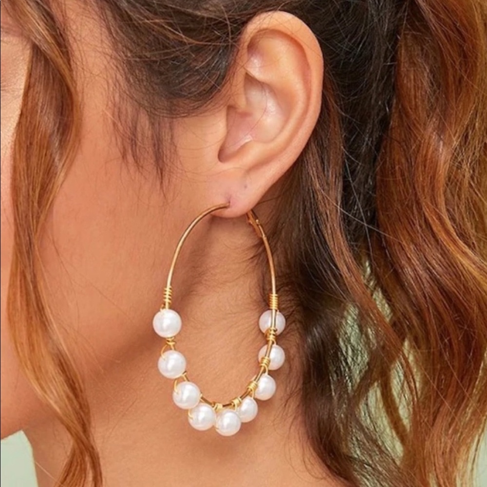 🌸Gold Pearl Hoop Charm Earrings